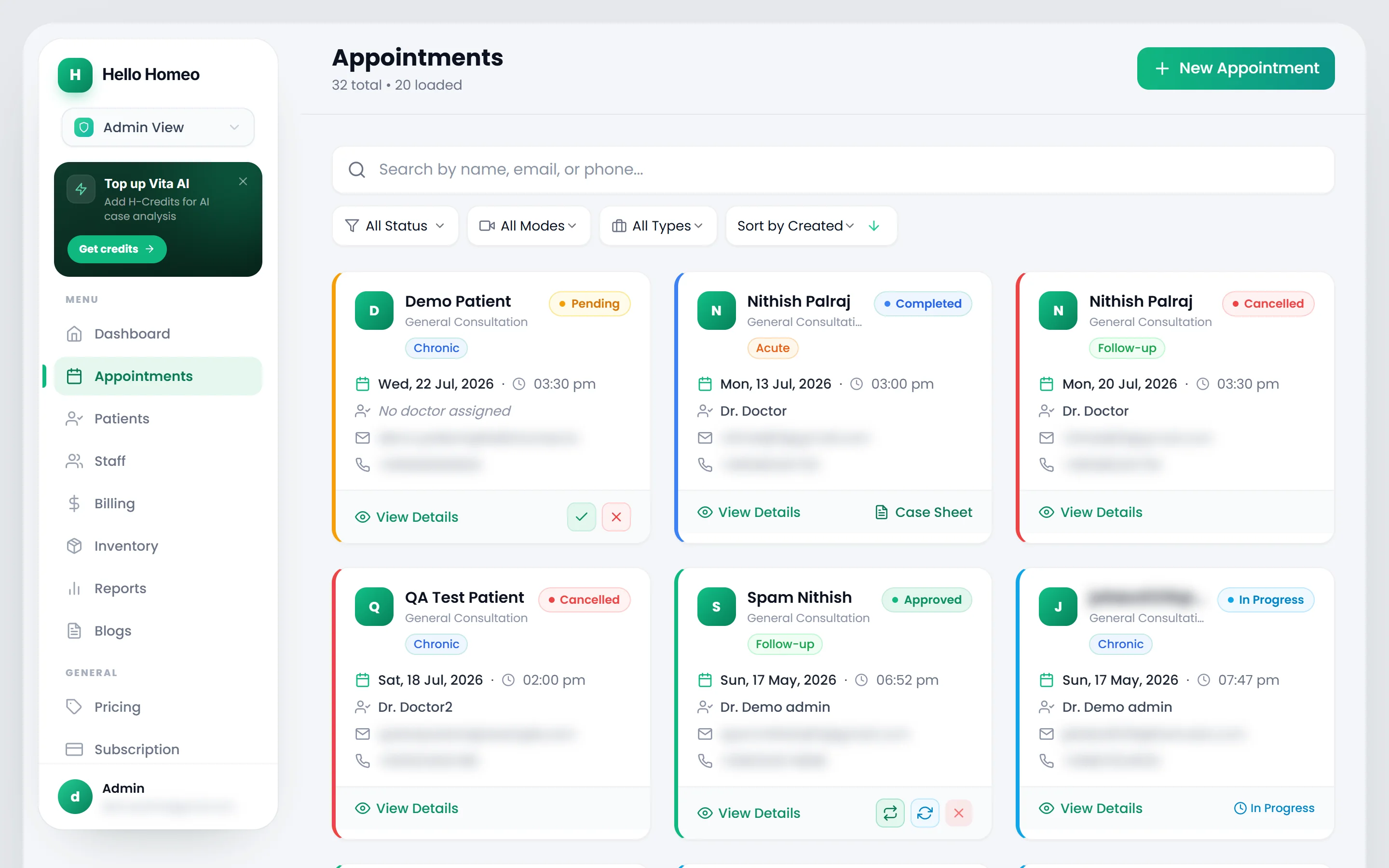 The admin Appointments list with status filters and appointment cards