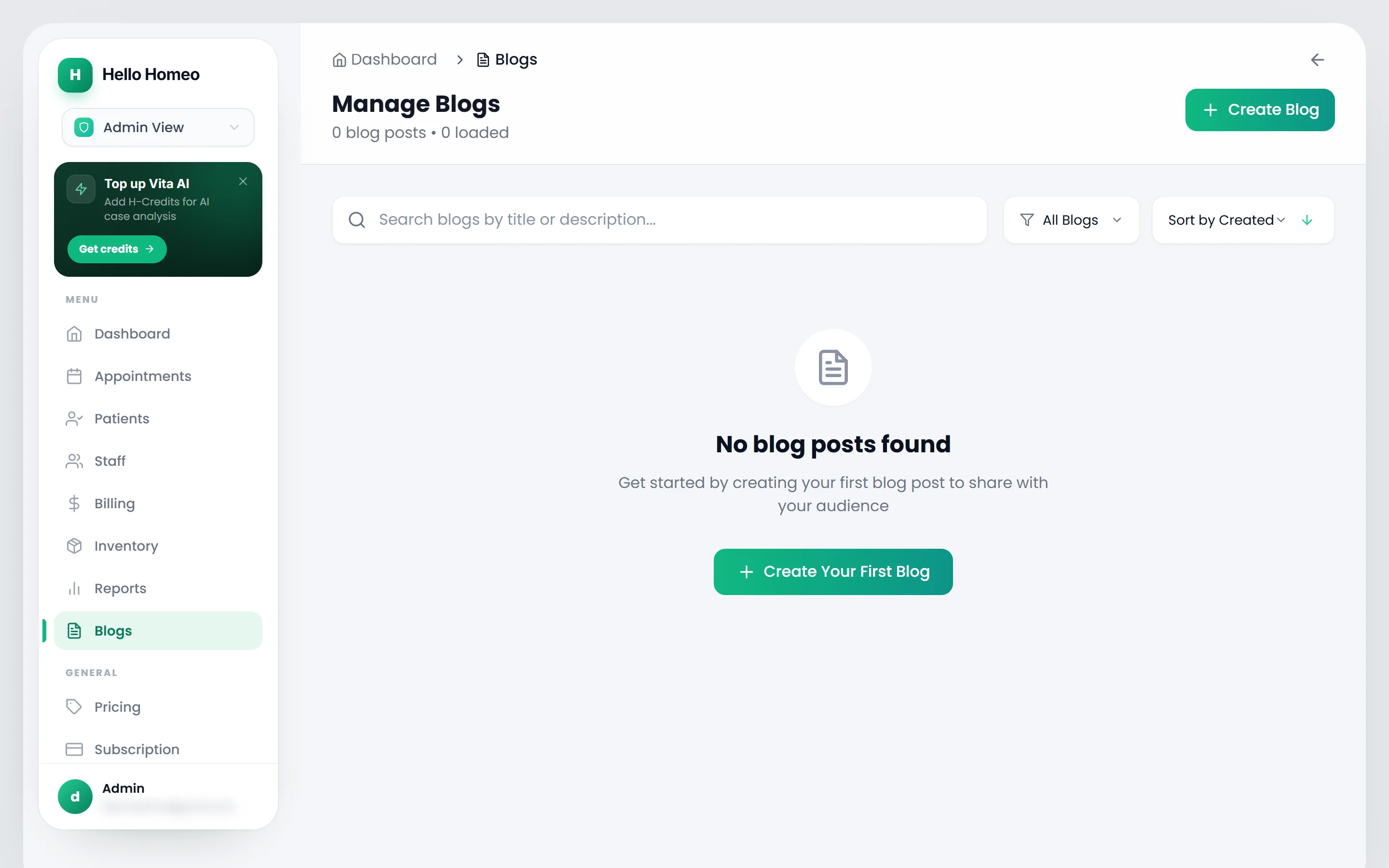 The Manage Blogs screen with a grid of blog post cards, a search box, and status and sort filters