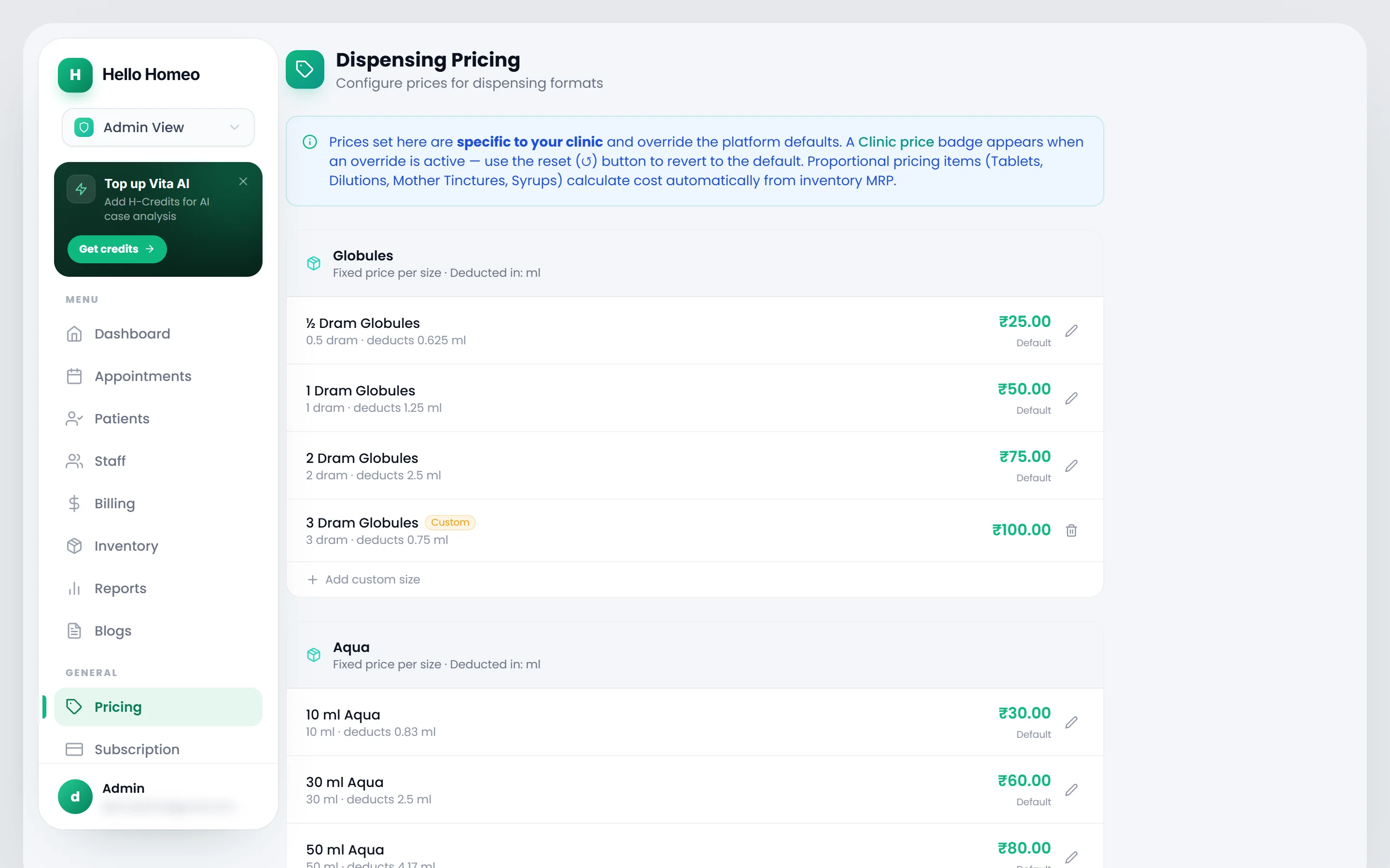 The Dispensing Pricing screen with one card per dispensing format and a price per size