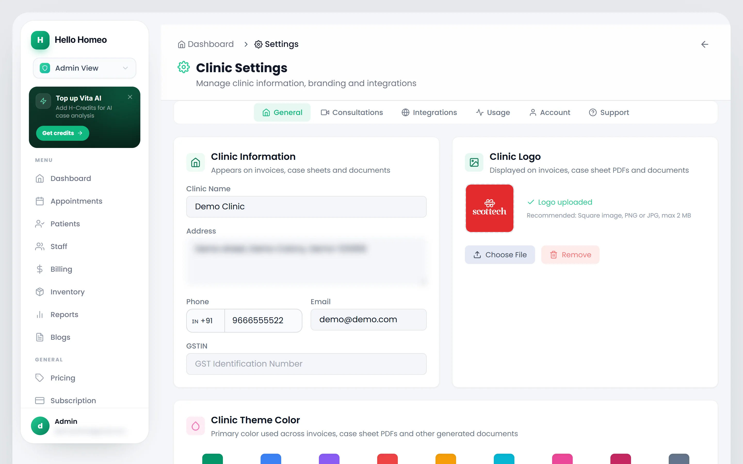 The General tab of Clinic Settings, showing Clinic Information, Clinic Logo and Clinic Theme Color