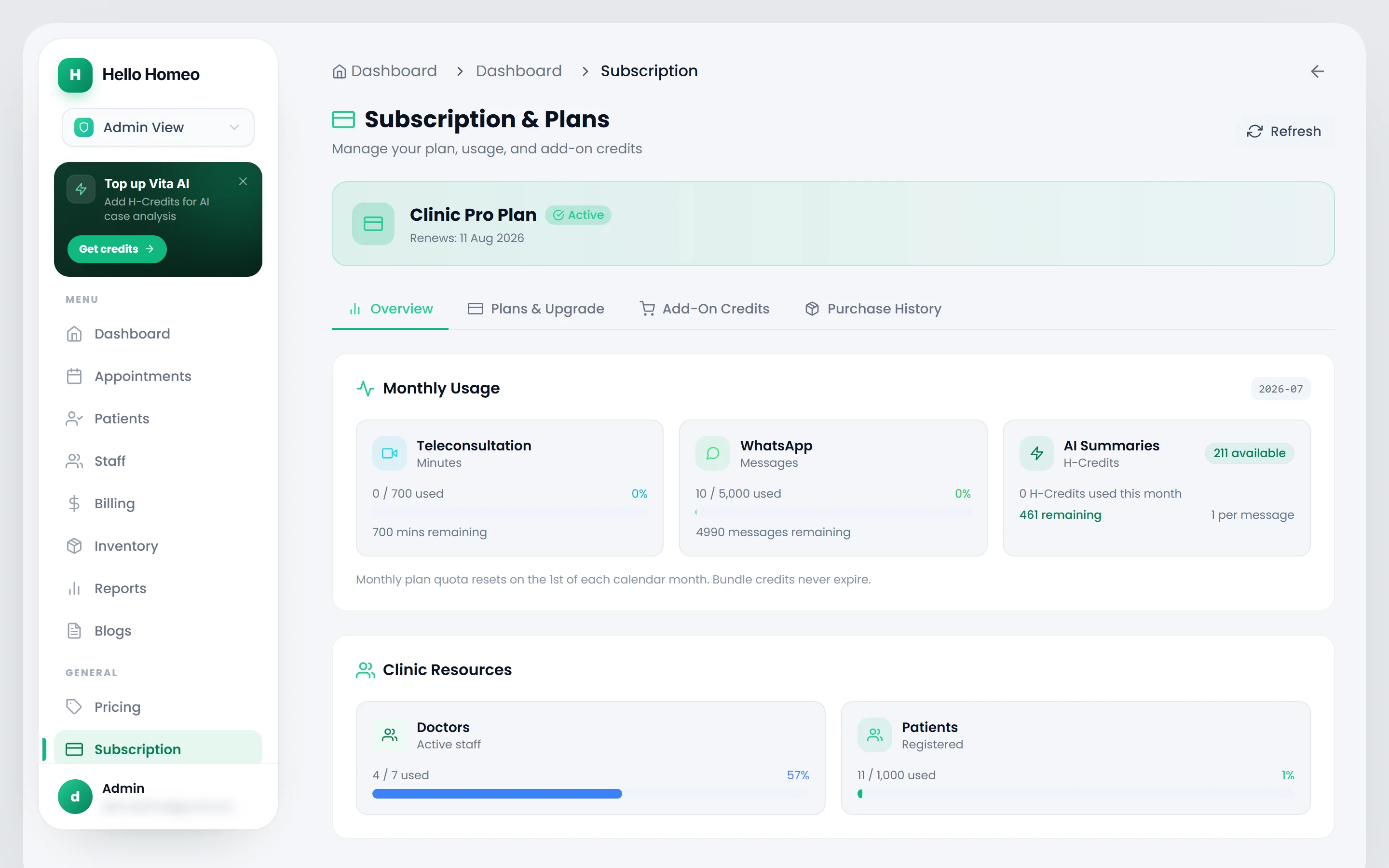 The admin Subscription and Plans screen