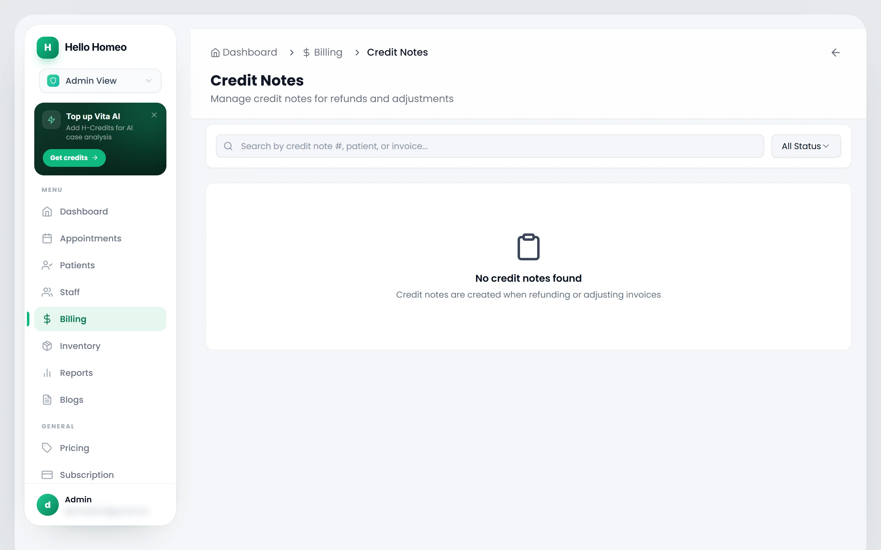 The Credit Notes register with its search box and status filter
