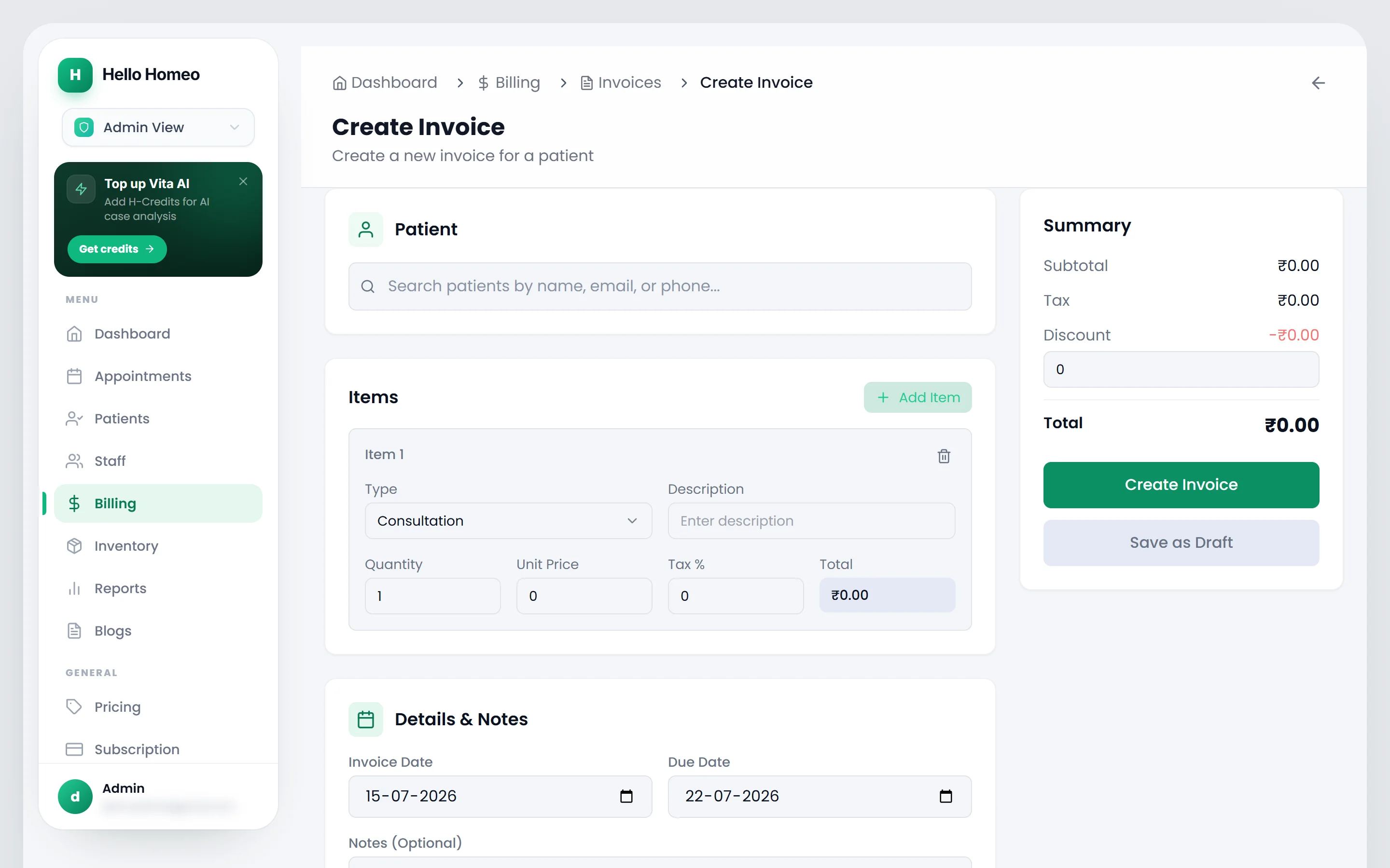 The Create Invoice screen with the patient card, item rows and the summary panel