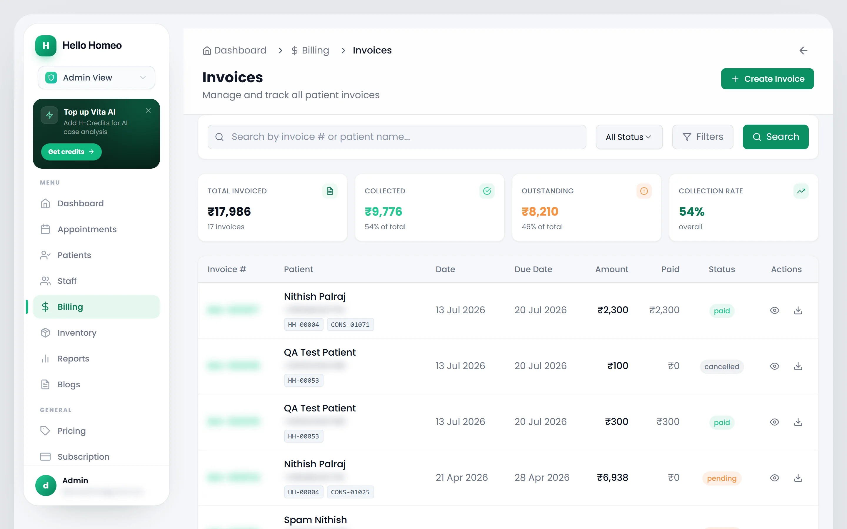 The Invoices list with the status filter and the summary cards