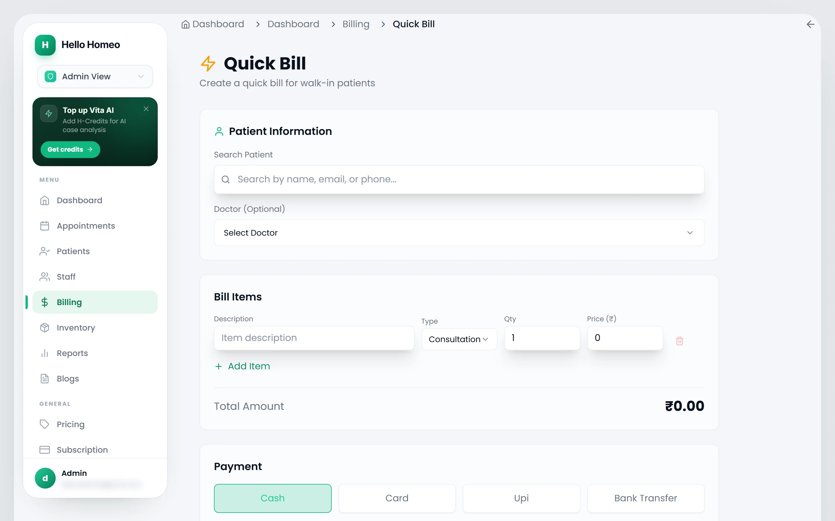 The Quick Bill screen with a patient selected, bill items and payment method tiles