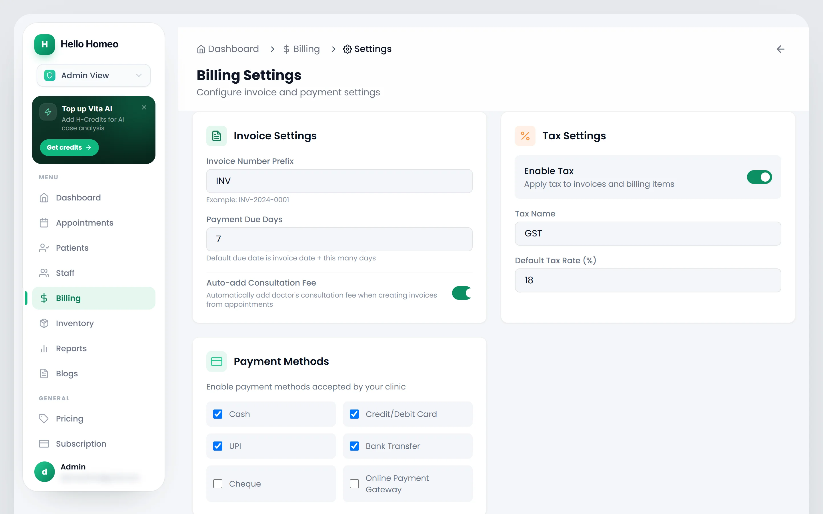 The Billing Settings screen with invoice, tax, and payment-method cards