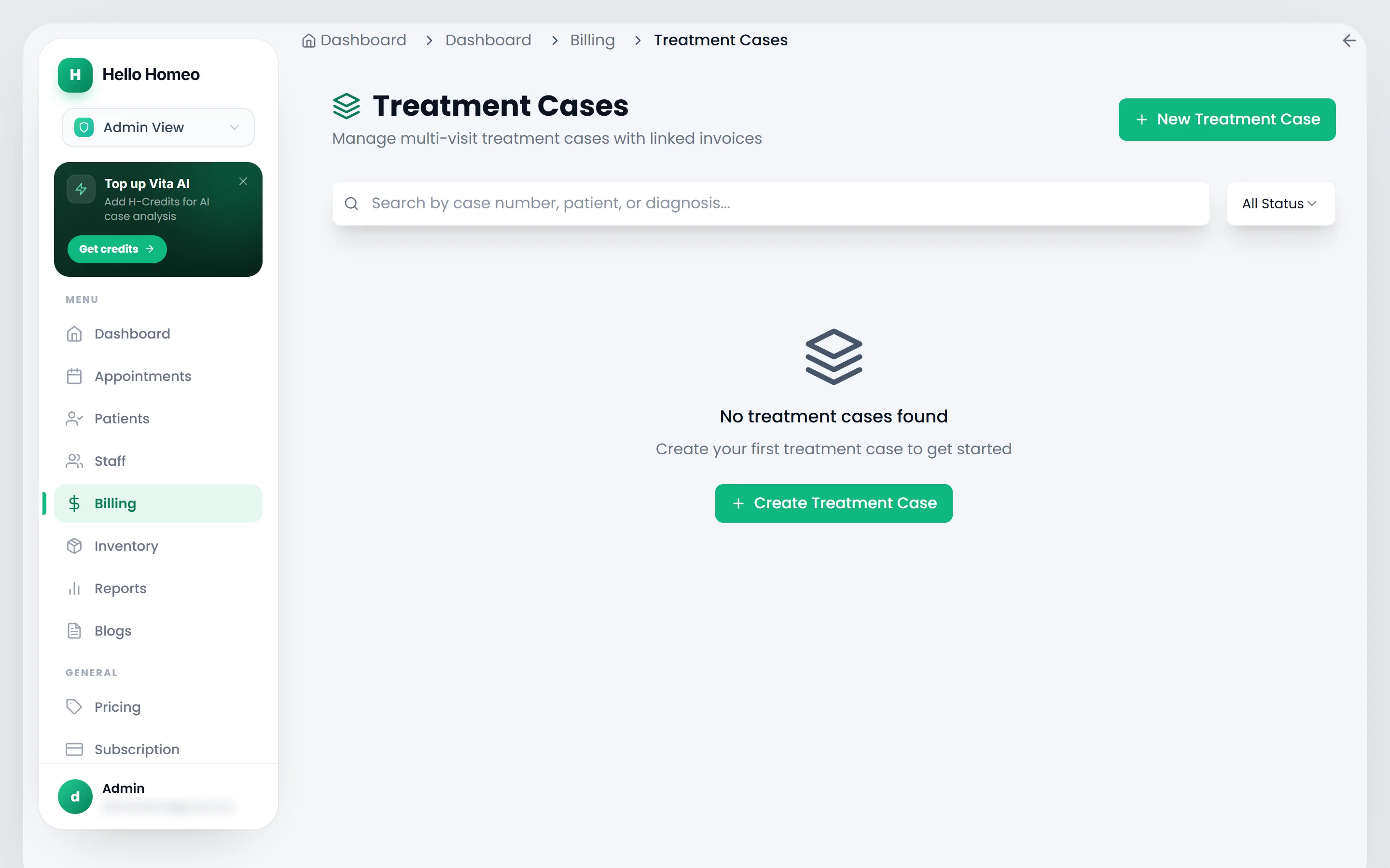 The Treatment Cases screen with the search box, status filter and the New Treatment Case button