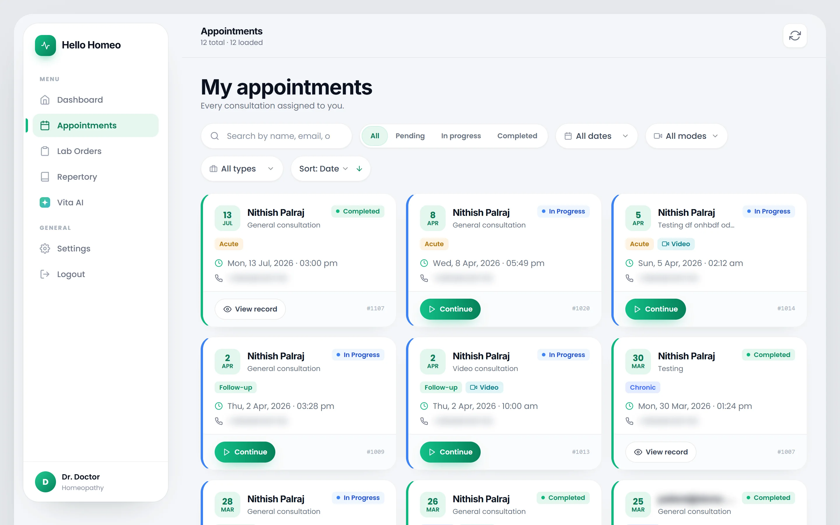 The doctor's appointment list with the search box, status pills and appointment cards