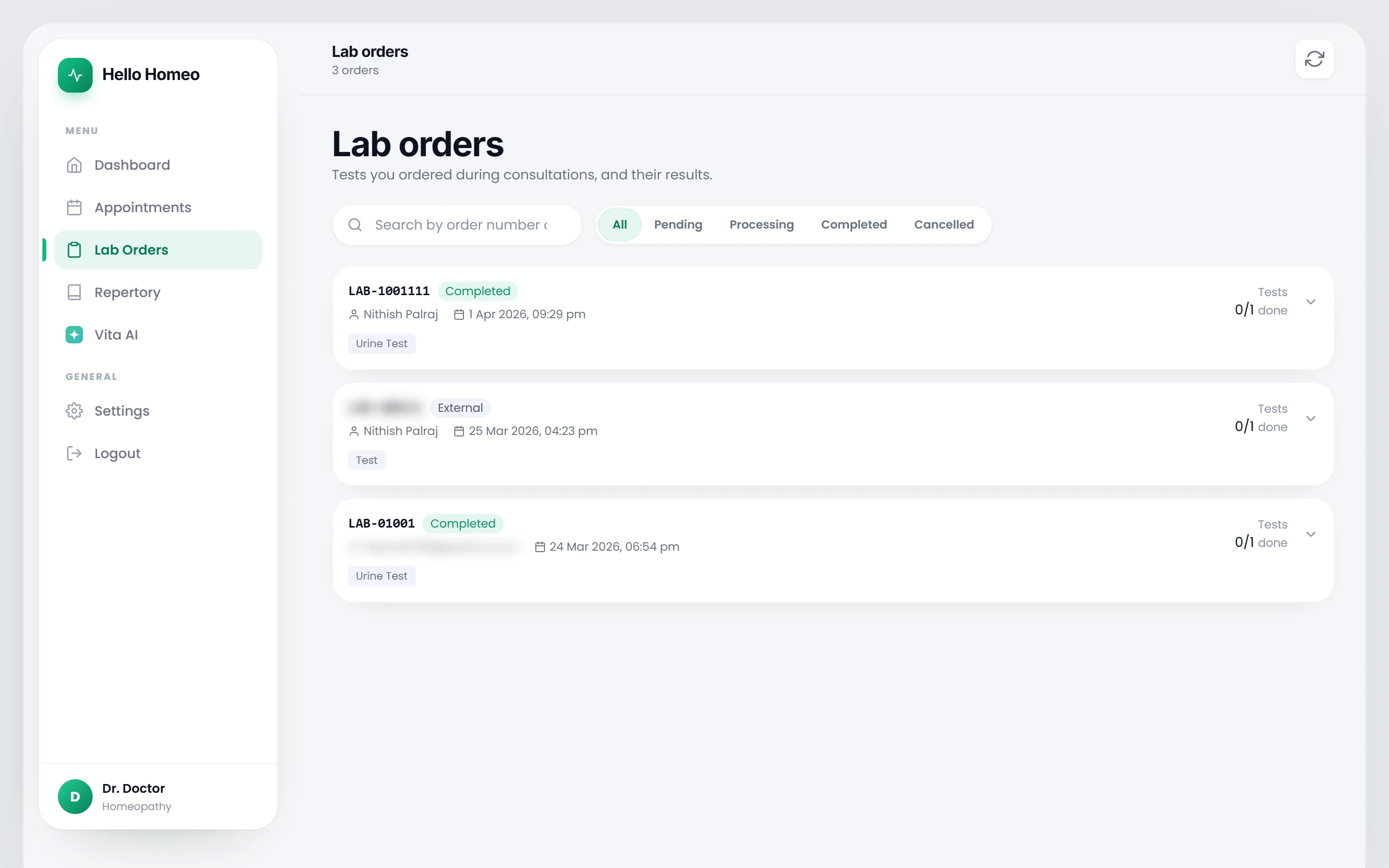The doctor's Lab orders page with status filter pills and order cards