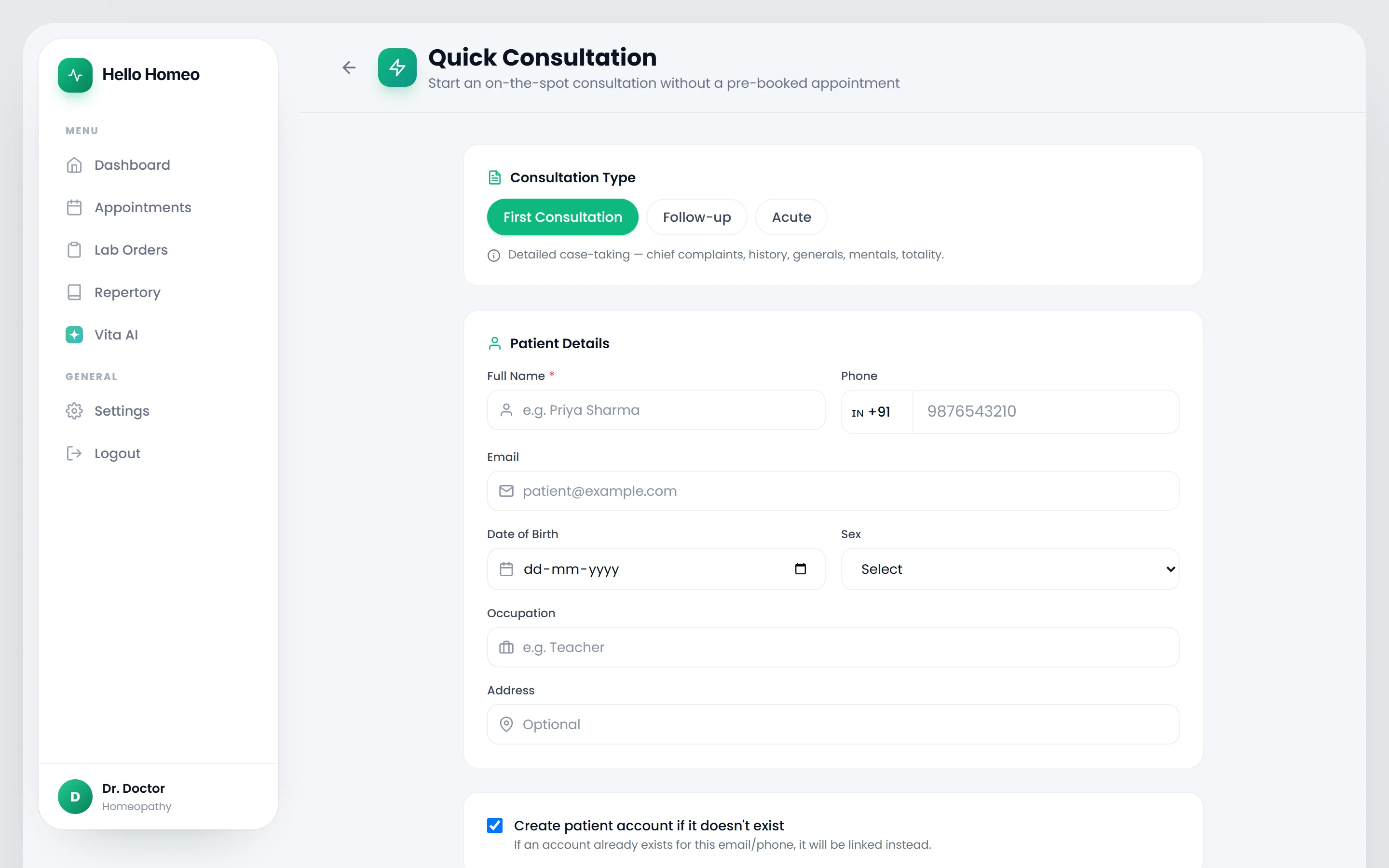 The Quick Consultation form with the consultation-type chips and the patient details fields