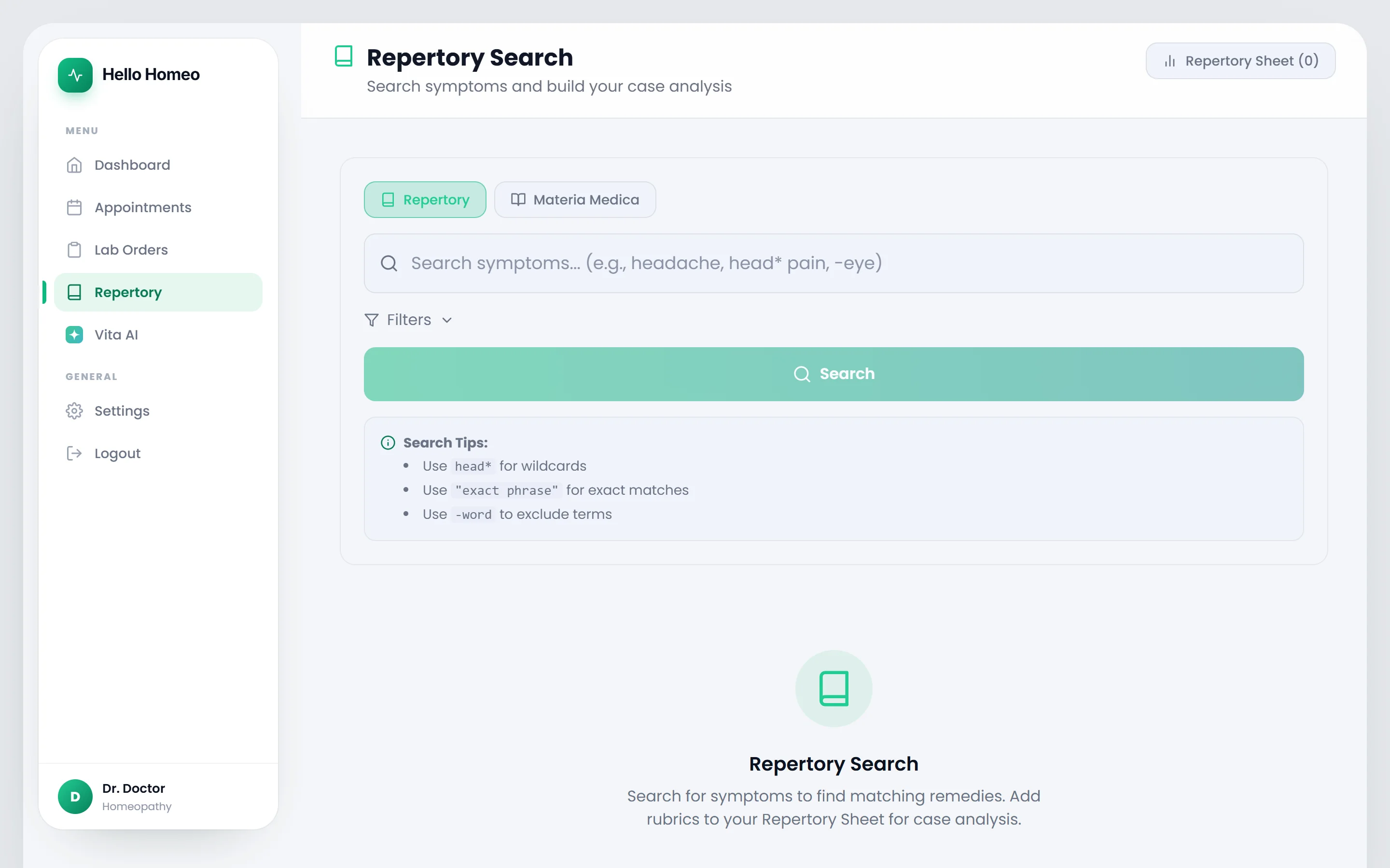 The Repertory Search page with the mode tabs, search box and results