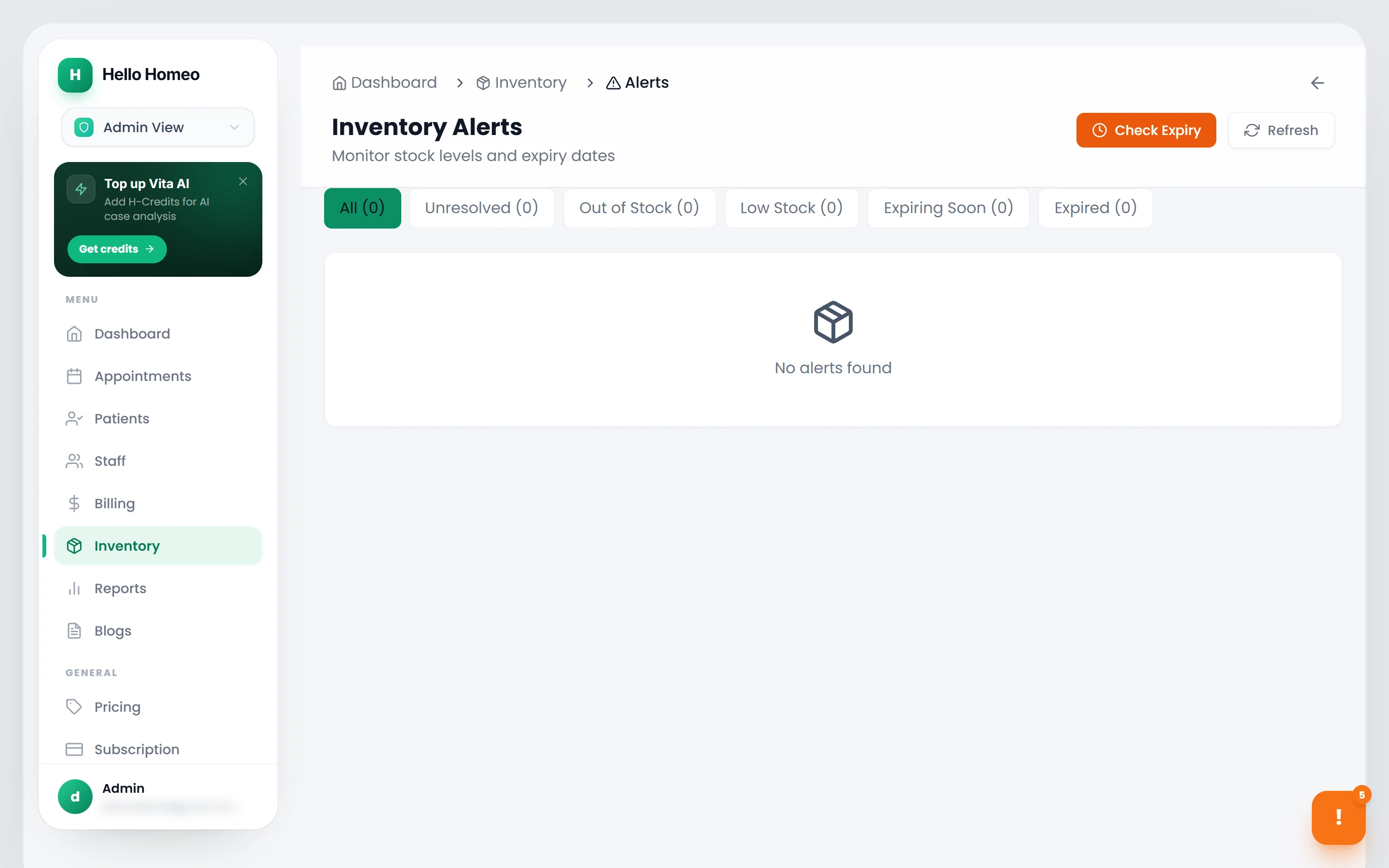 The Inventory Alerts page with filter tabs, alert cards and the orange Check Expiry button