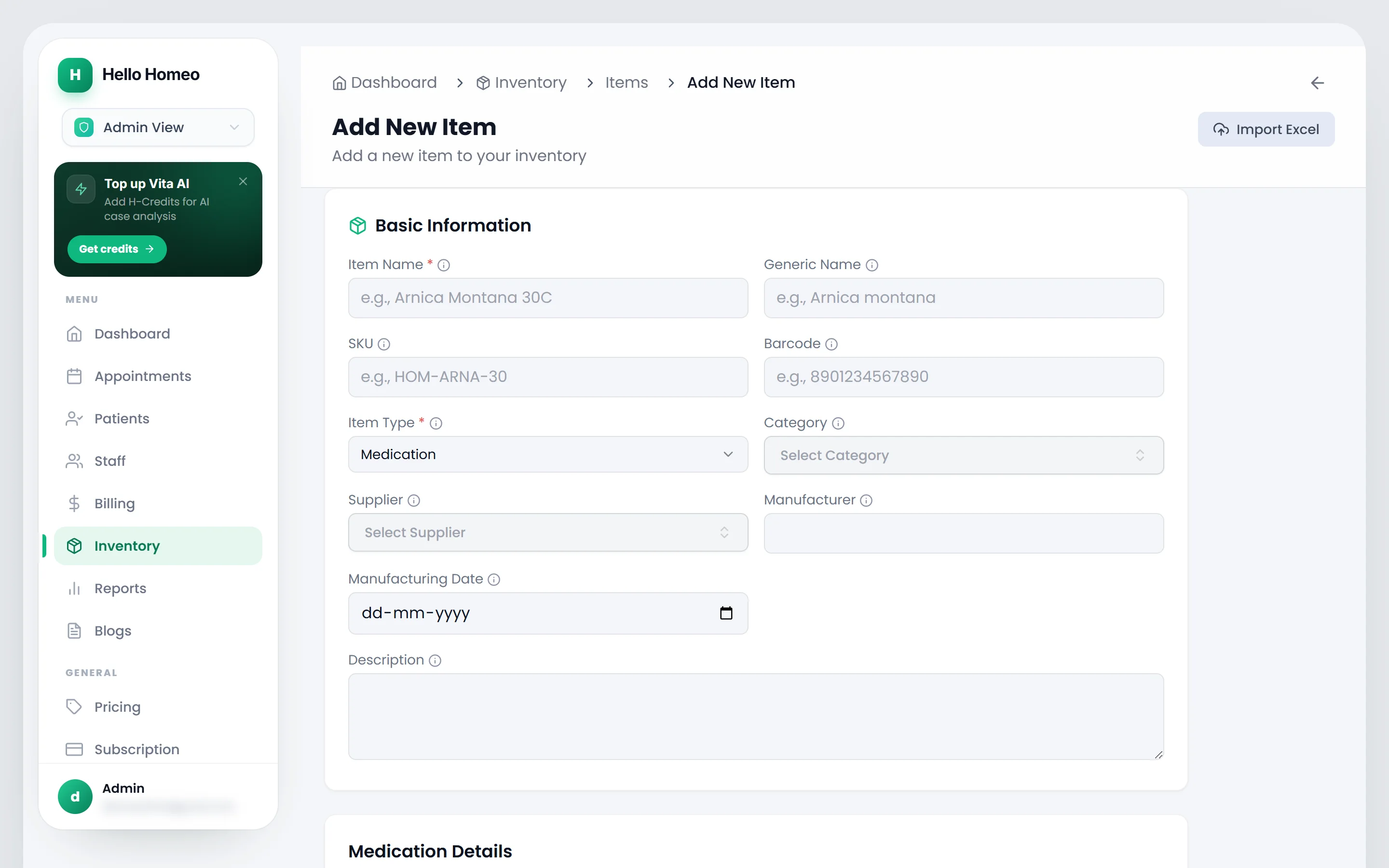 The Add New Item form, showing Basic Information and Medication Details