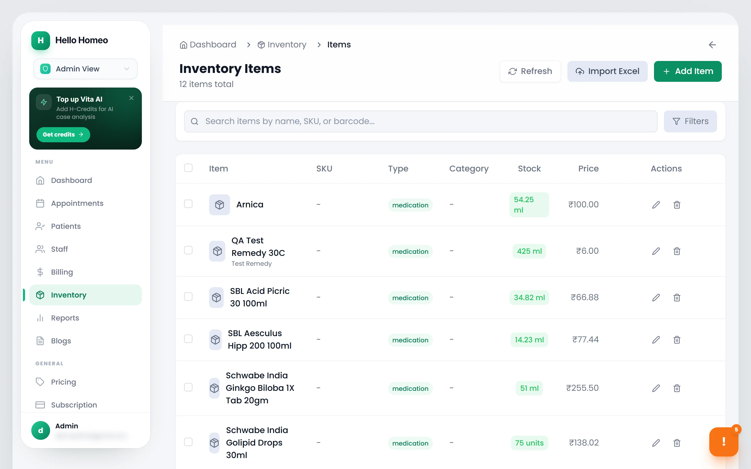 The Inventory Items list with the search box, filters and coloured stock badges
