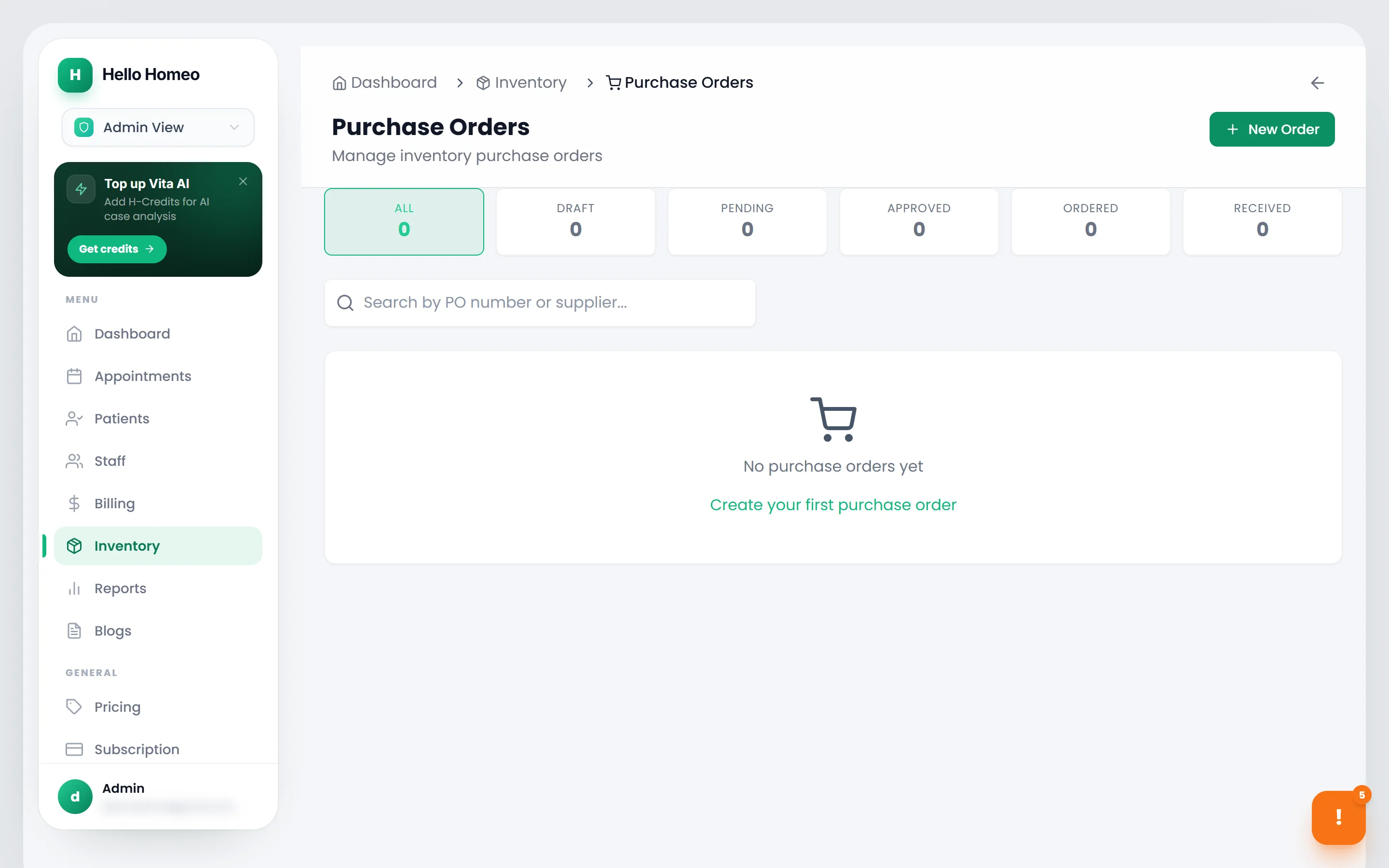 The Purchase Orders list with its status tiles and search box