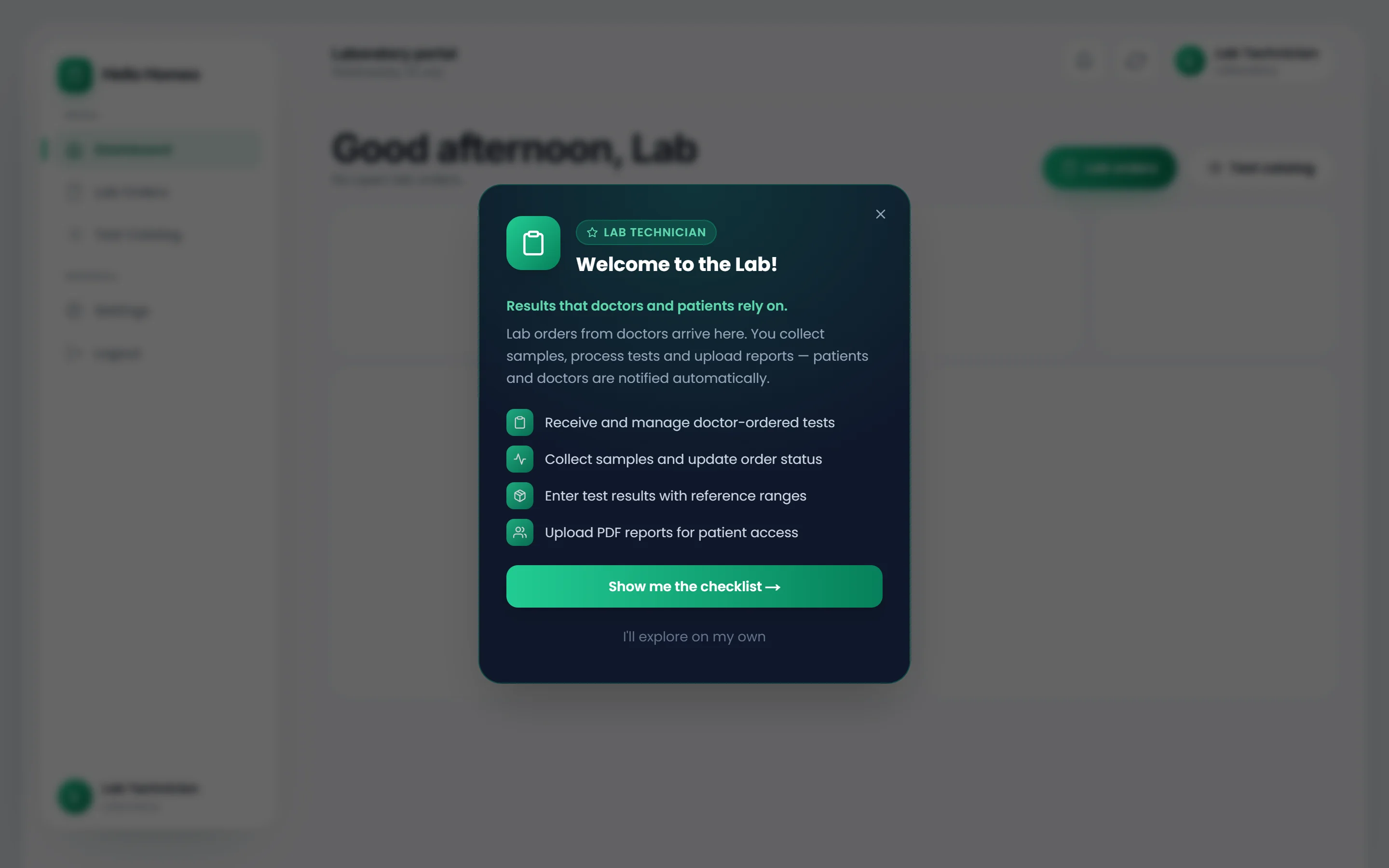The laboratory portal dashboard with stat cards, the worklist and the specimen pipeline