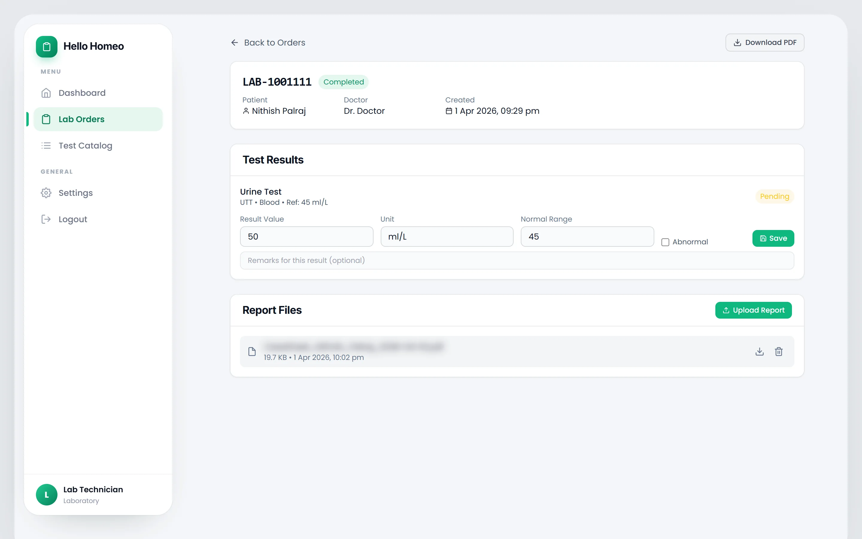 The lab order detail screen with the Test Results form and the Report Files panel