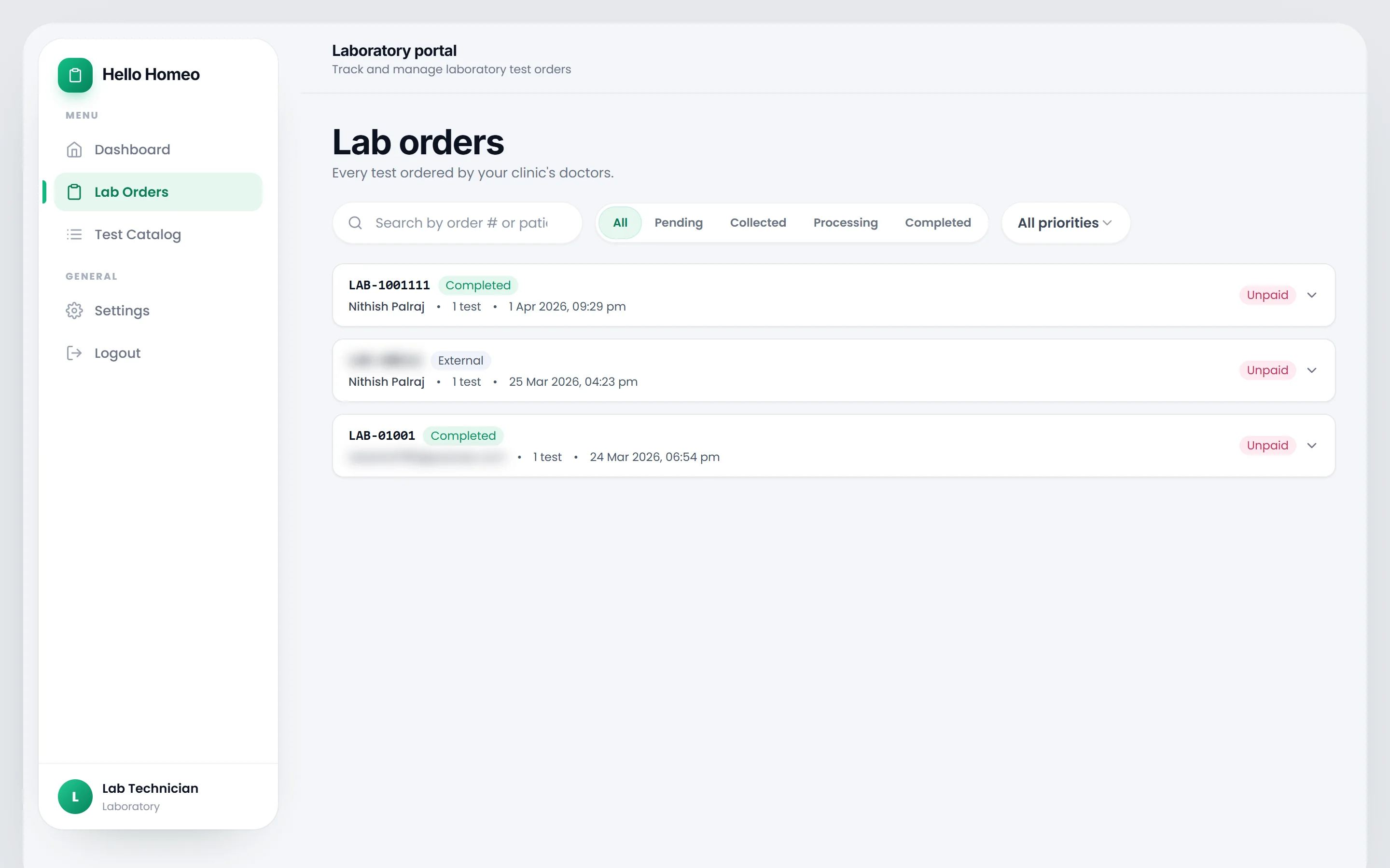 The Lab orders list with the status segments, priority filter and an expanded order