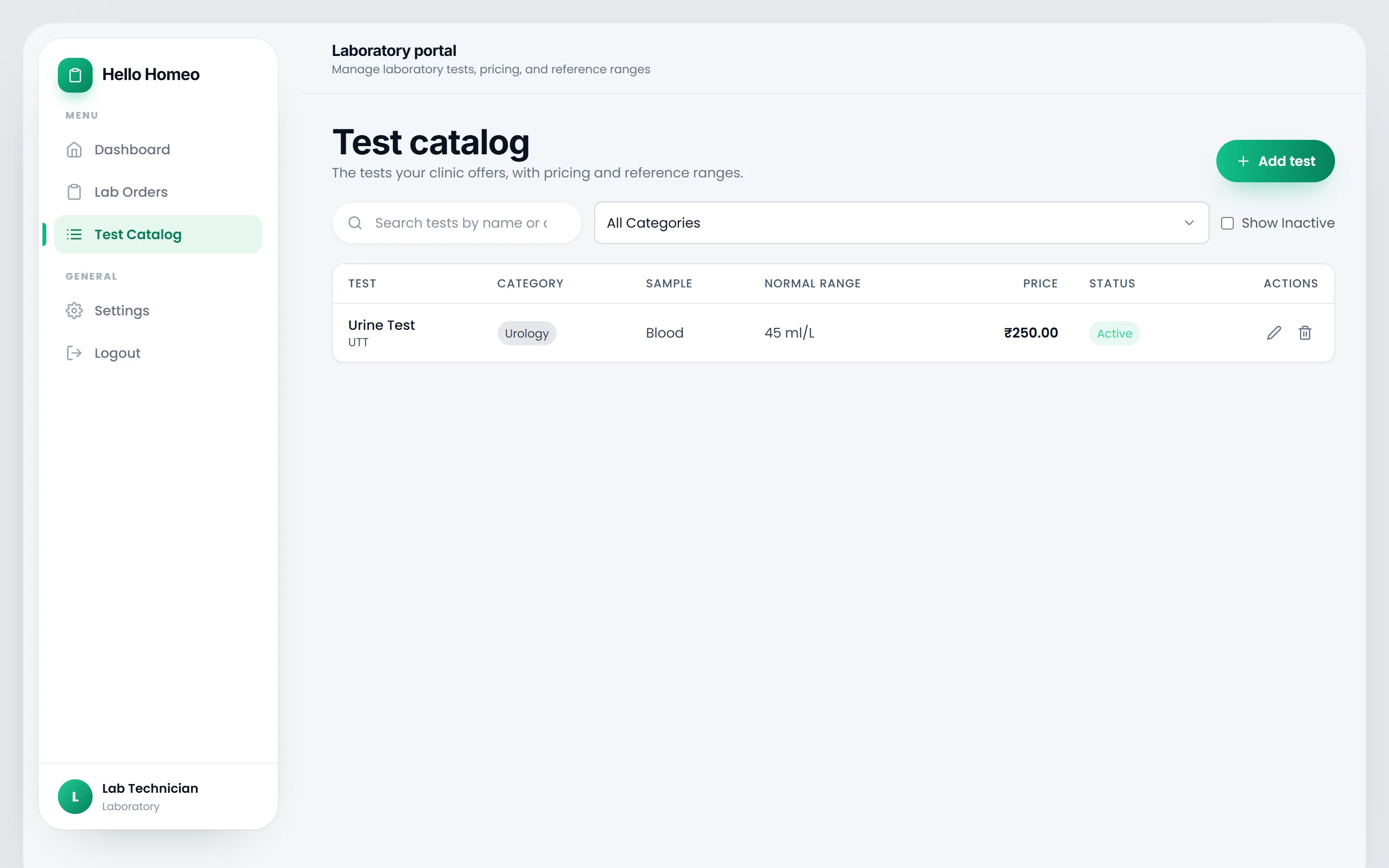 The Test catalog screen in the Laboratory portal, listing tests with category, sample, normal range, price and status