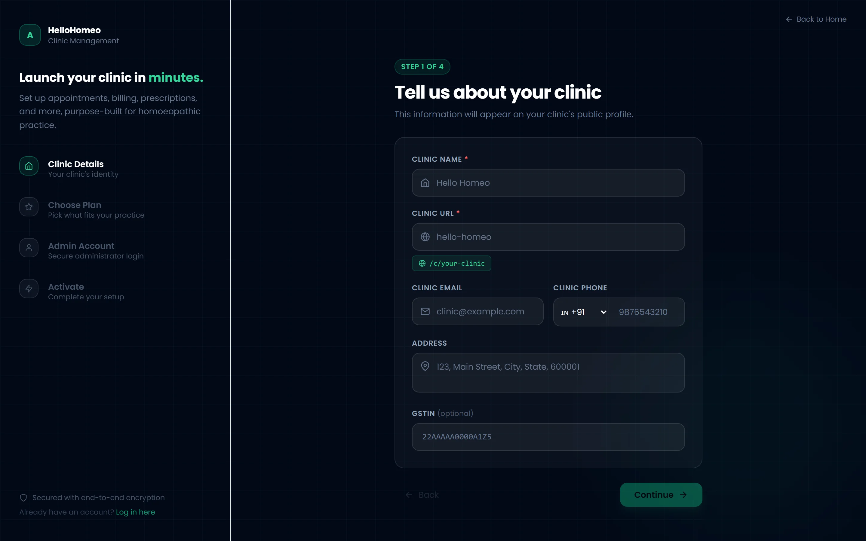 The Hello Homeo sign-up wizard, on step one: clinic details