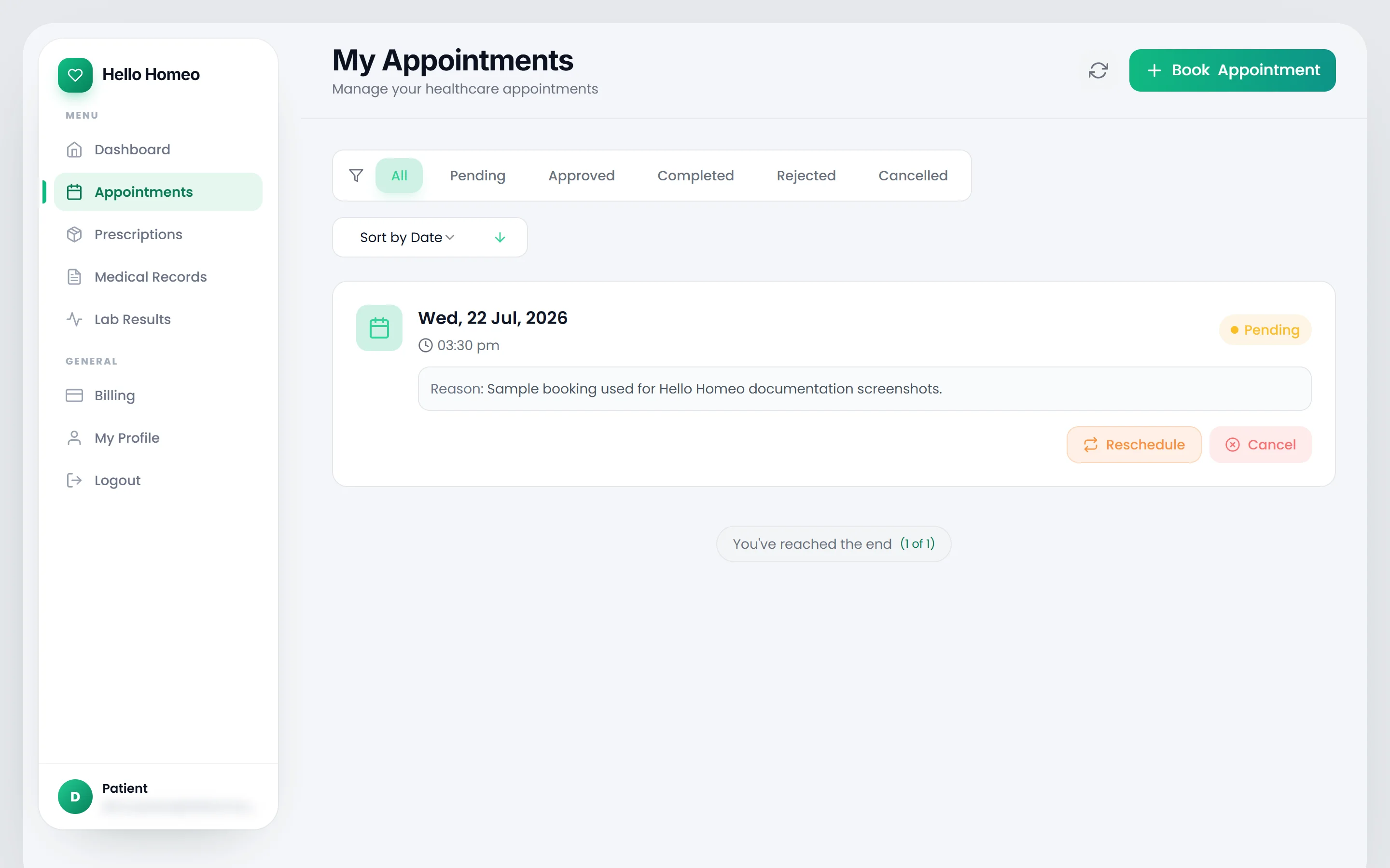 The My Appointments page with status filter pills and an appointment card