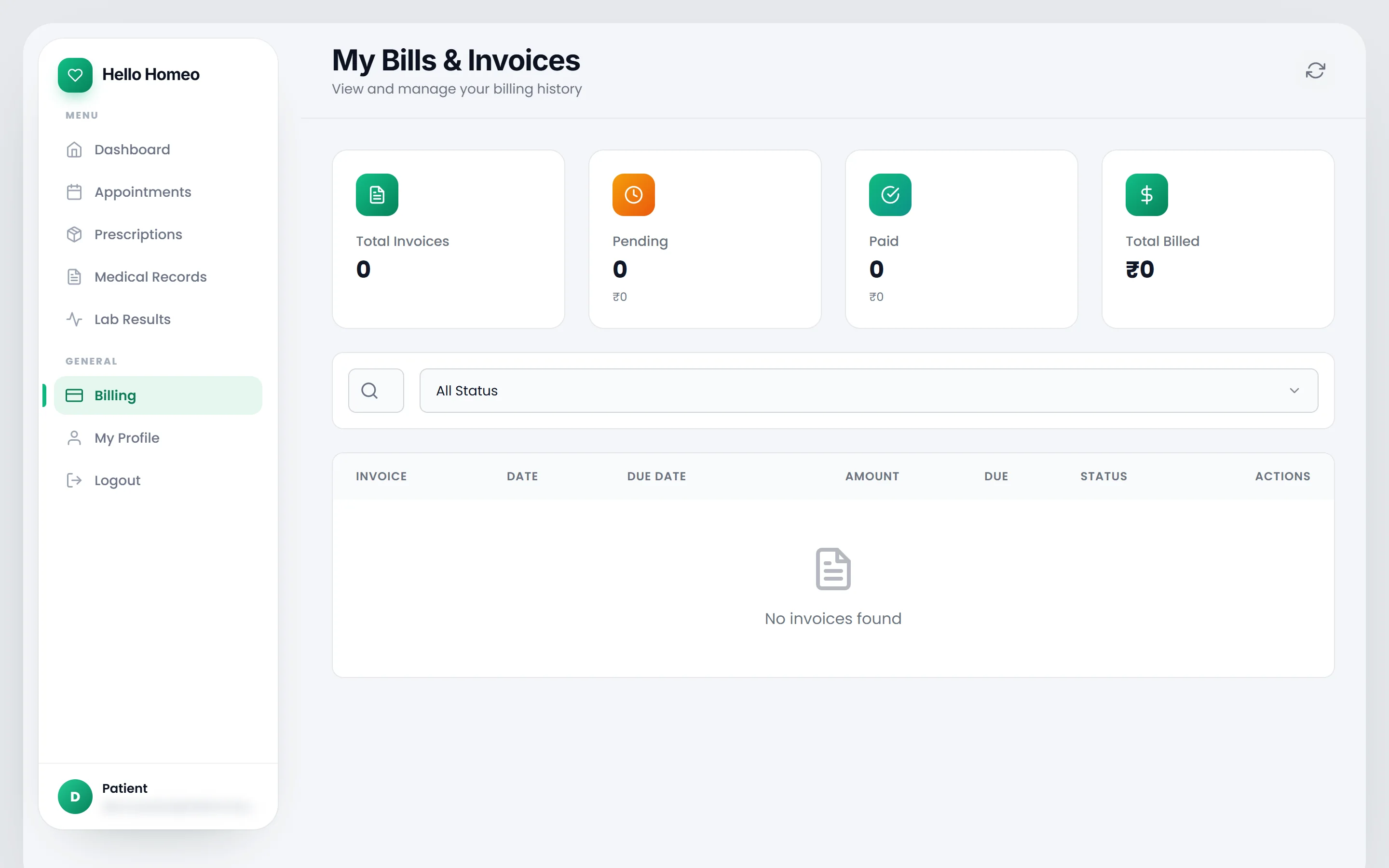 The patient billing page showing invoice totals and the invoice list