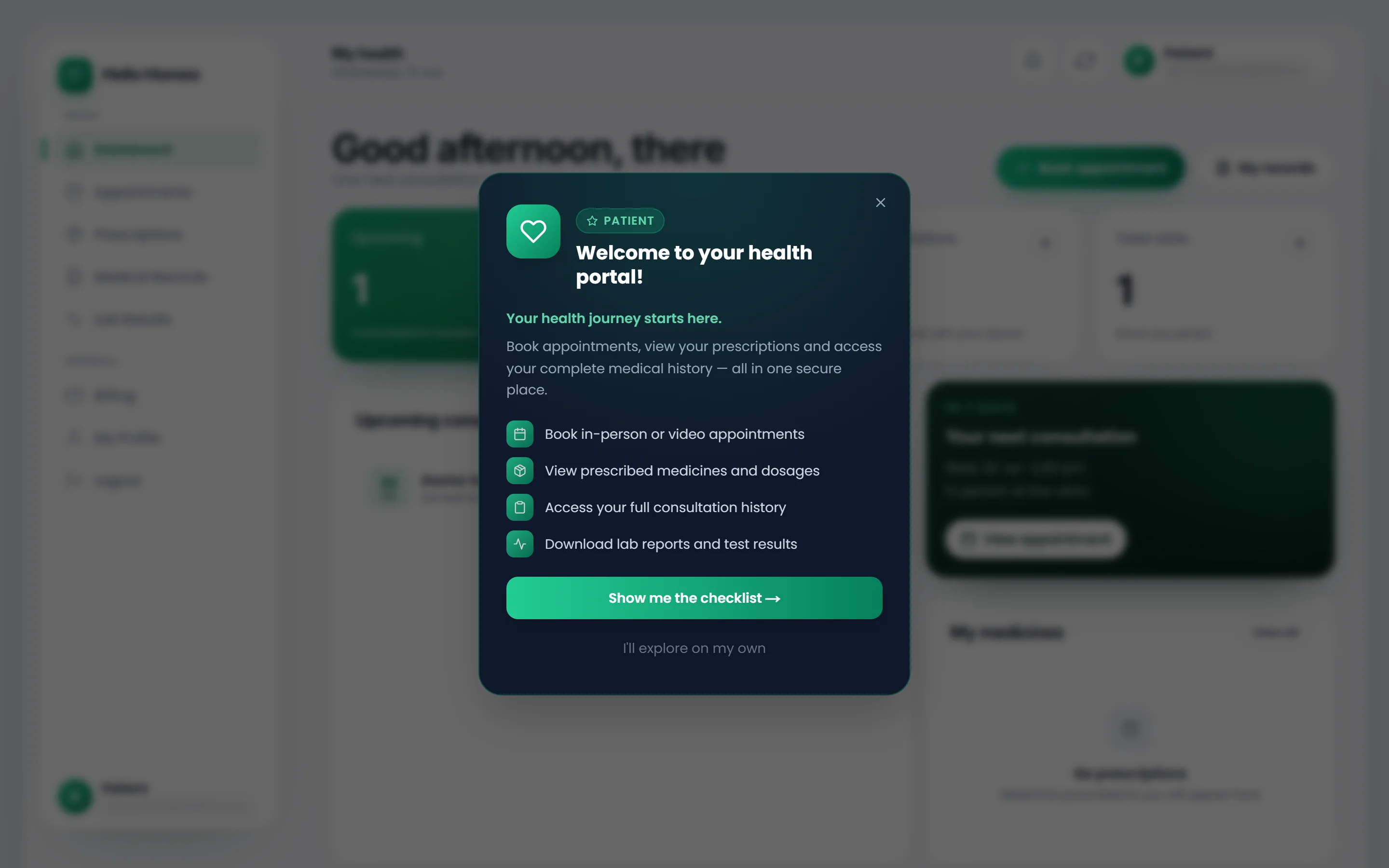 The patient dashboard showing the greeting, four stat cards, the Upcoming consultations panel and the Next visit card