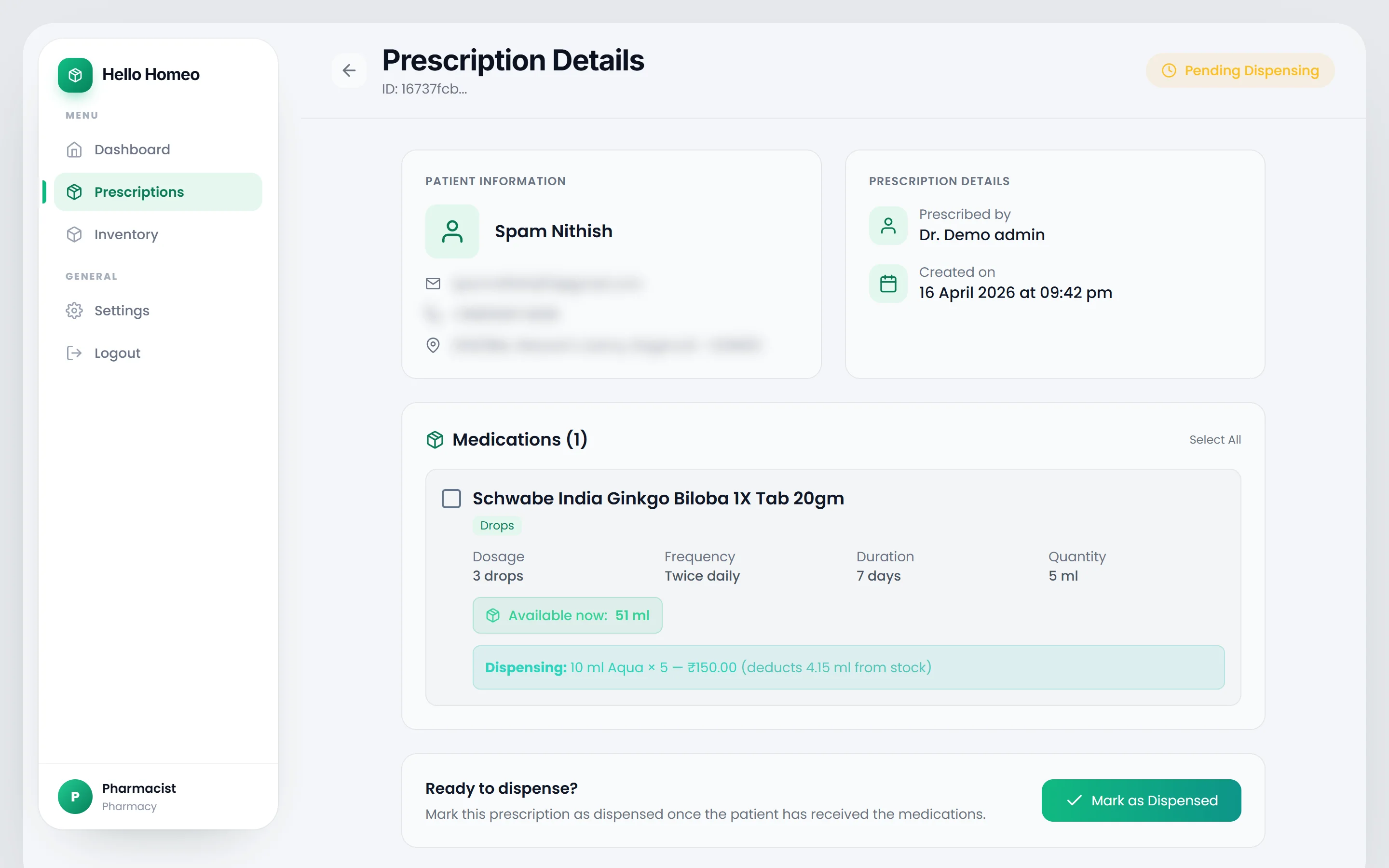 A prescription detail page showing medicine cards, stock chips and the Ready to dispense card