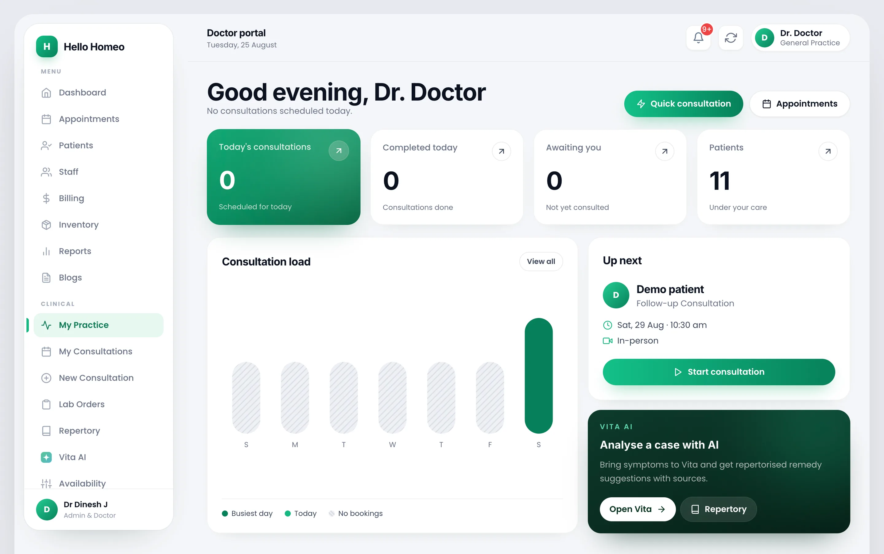 HelloHomeo doctor portal dashboard, showing today's consultations, the weekly consultation load and the next patient up